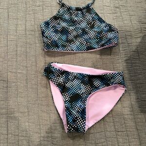 Girls Zella Blue and Pink Patterned Bikini Set; reversible